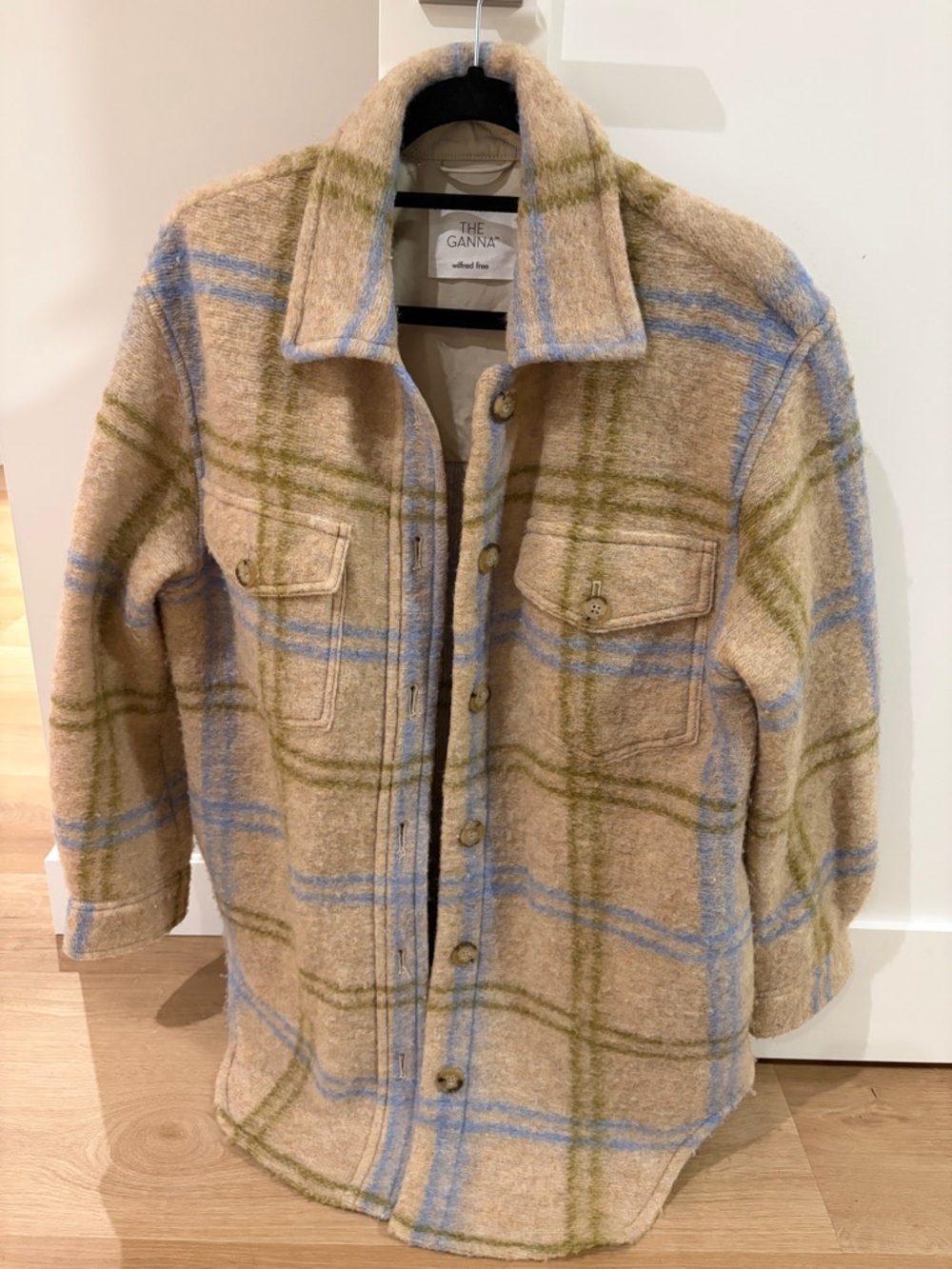 Wilfred Free Ganna Jacket Beige and Light Blue Plaid Shirt Jacket - Picture 3 of 6